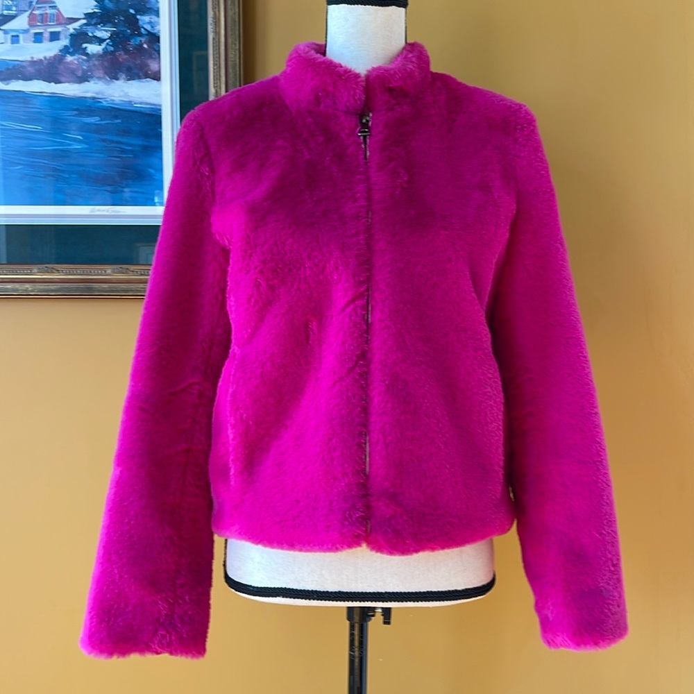 Banana Republic Faux Fur Bomber Jacket Night Fuchsia Pink Size XS